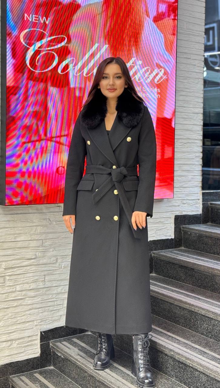 Manteau Long Double Boutonnage Doré Col Fourrure Ceinture Nouée
