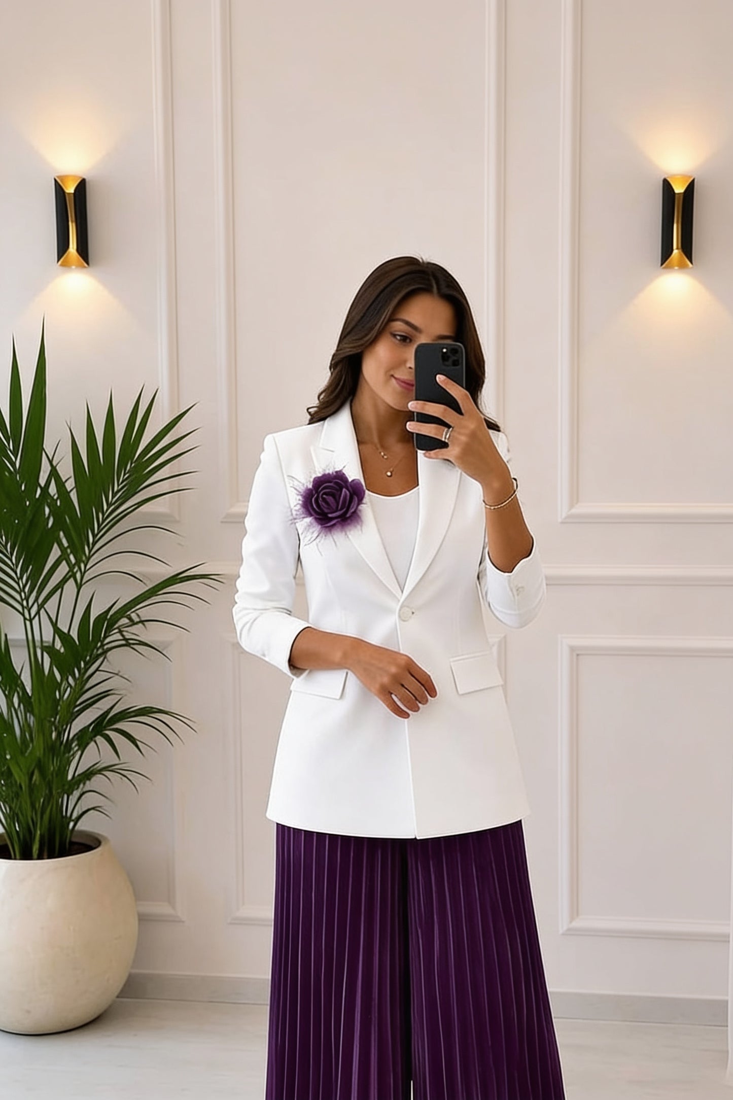 Ensemble Blazer Col Revers & Pantalon Large Plissé Broche Florale