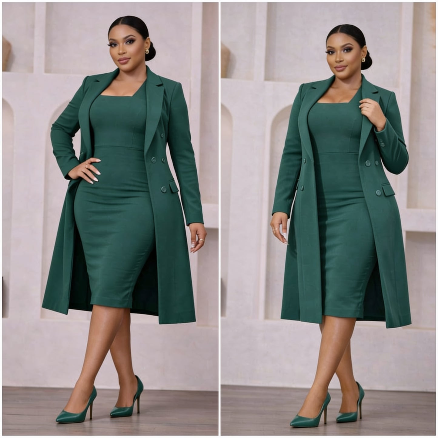 Ensemble Blazer Long Double Boutonnage Col Revers & Robe Fourreau Mi-Longue