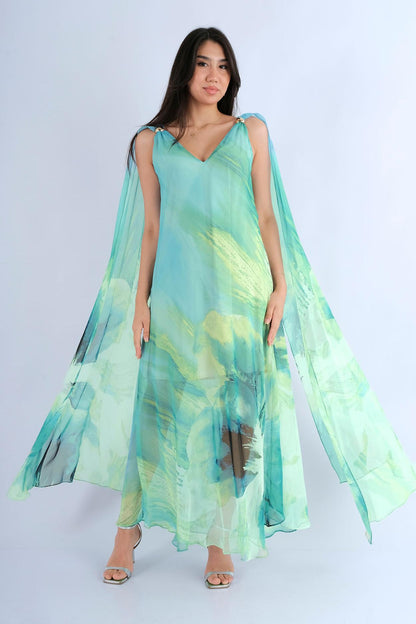 Robe longue fluide florale bretelles nouées - vue avant