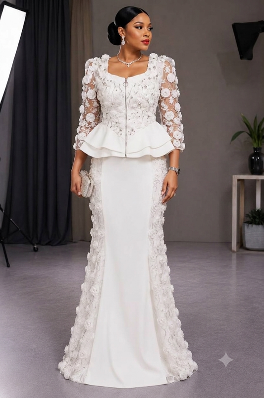 Ensemble Veste Peplum Fleurs 3D Jupe Sirène - Blanc