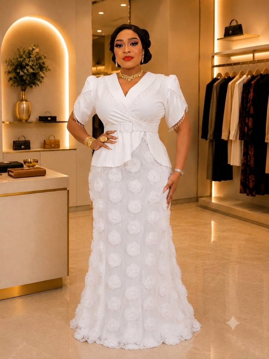 Ensemble Top Peplum Franges Dorées Jupe Sirène Pompons - Blanc