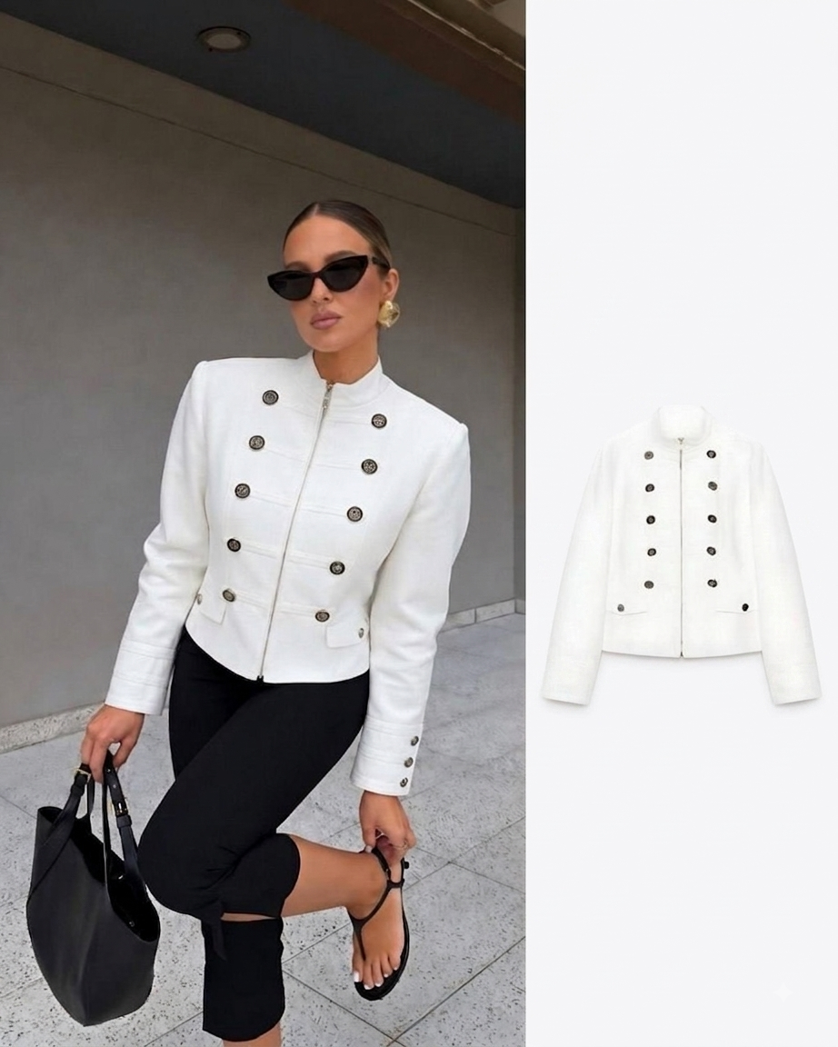 Veste Militaire Courte à Boutons Dorés