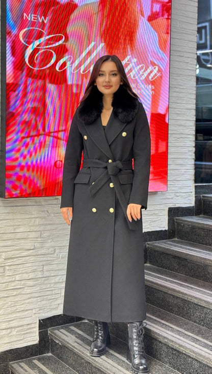 Manteau Long Double Boutonnage Doré Col Fourrure Ceinture Nouée
