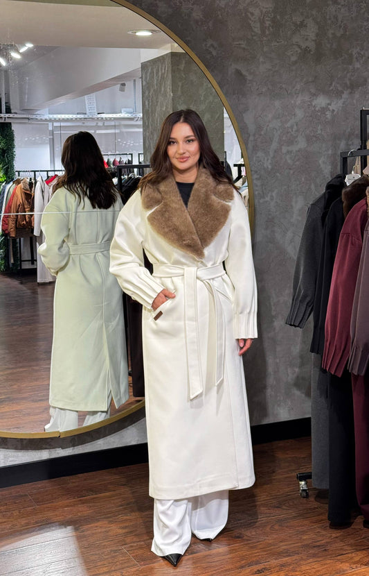 Manteau Long Col Fourrure Ceinture Nouée