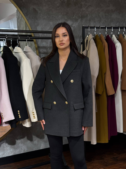 Blazer long double boutonnage avec boutons dorés, vue de dos