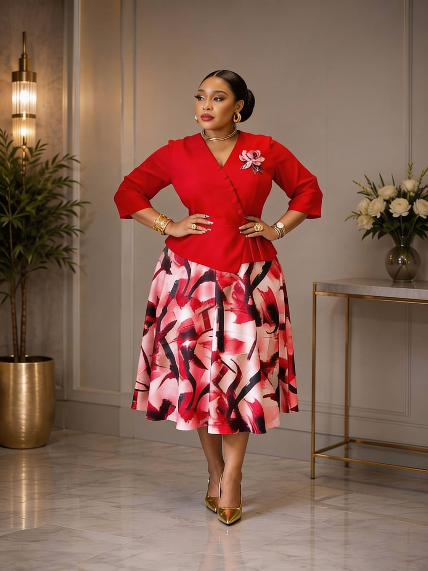 Ensemble Veste Croisée Col V Broche Florale et Jupe Midi Évasée - Rouge