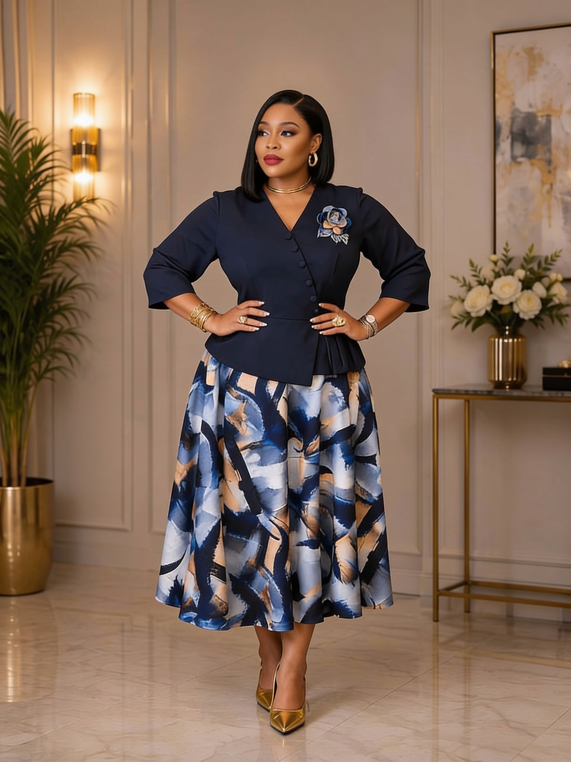 Ensemble Veste Croisée Col V Broche Florale et Jupe Midi Évasée - Marine