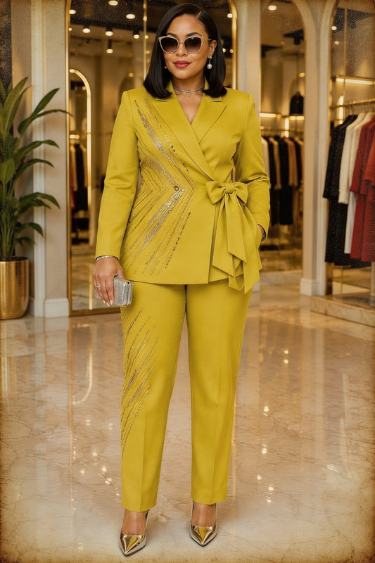 Ensemble Tailleur Blazer Croisé Brodé Cristaux Nœud Latéral - Vert Chartreuse
