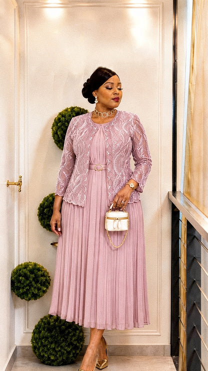 Ensemble Veste Dentelle Robe Plissée Ceinture Dorée - Mauve