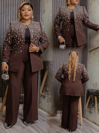 Ensemble tailleur veste perlée cristaux pantalon large - Chocolat