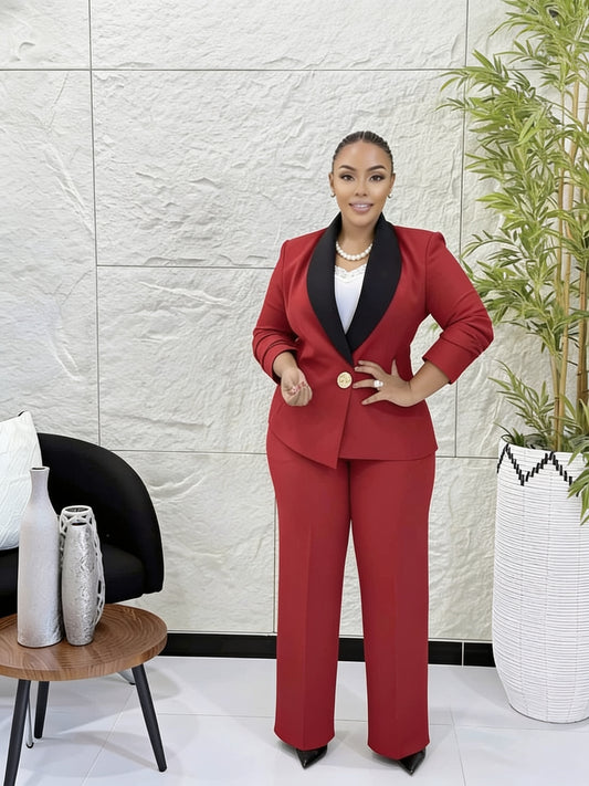 Tailleur blazer col châle bicolore bouton doré - Bordeaux col Noir