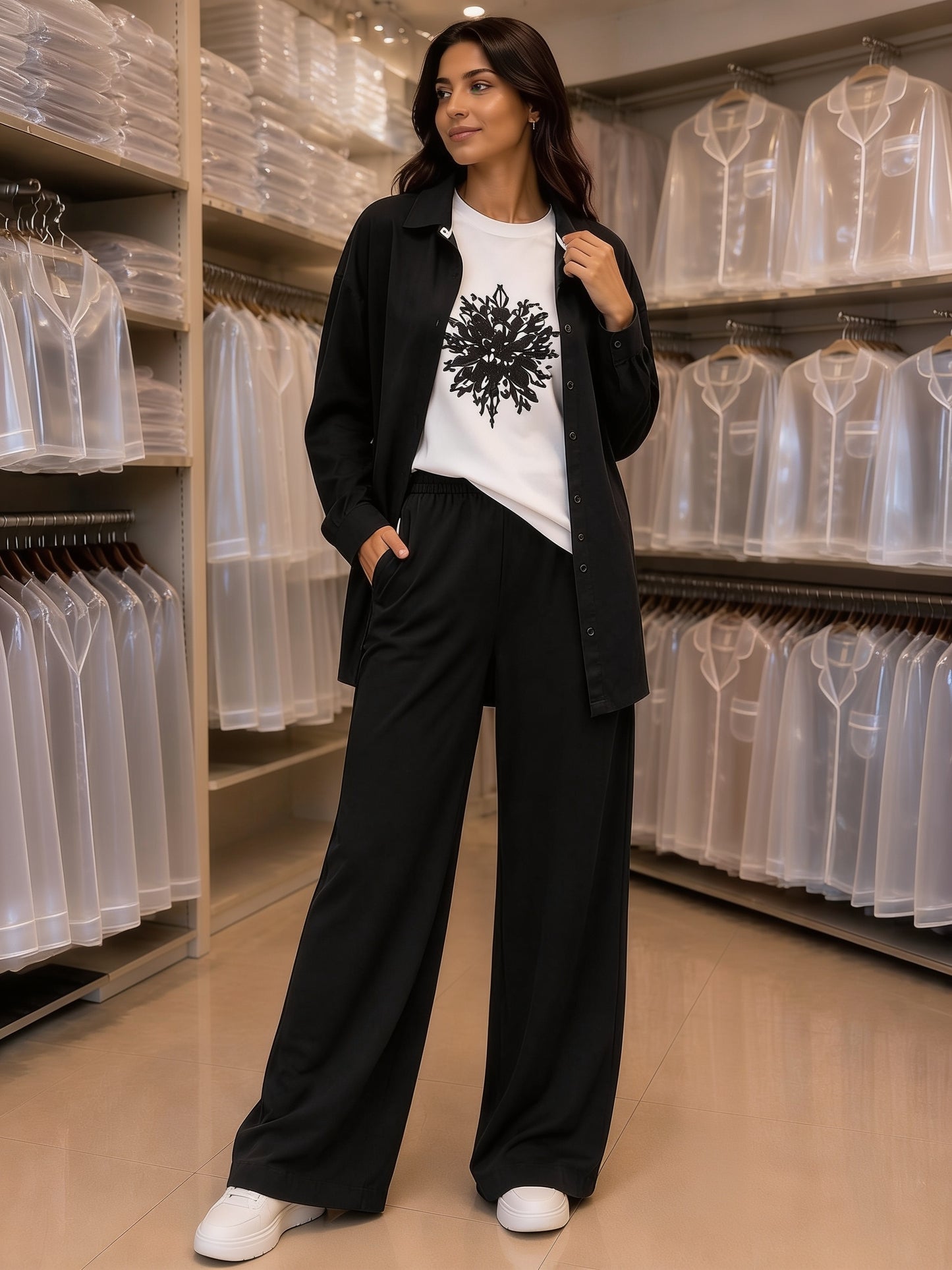 Ensemble 3 Pièces Chemise Longue Boutonnée T-Shirt Brodé et Pantalon Large