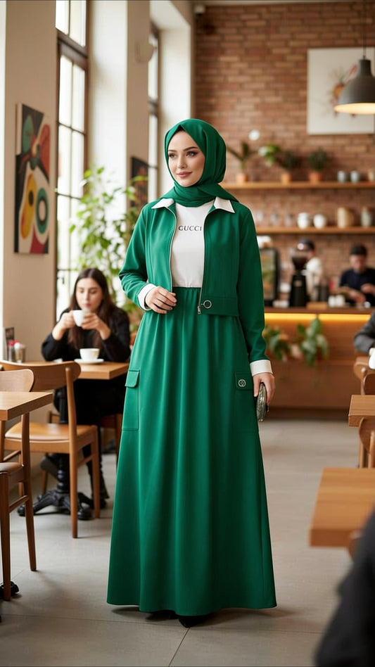 Ensemble veste zippée col polo jupe longue évasée poches cargo - Vert Émeraude