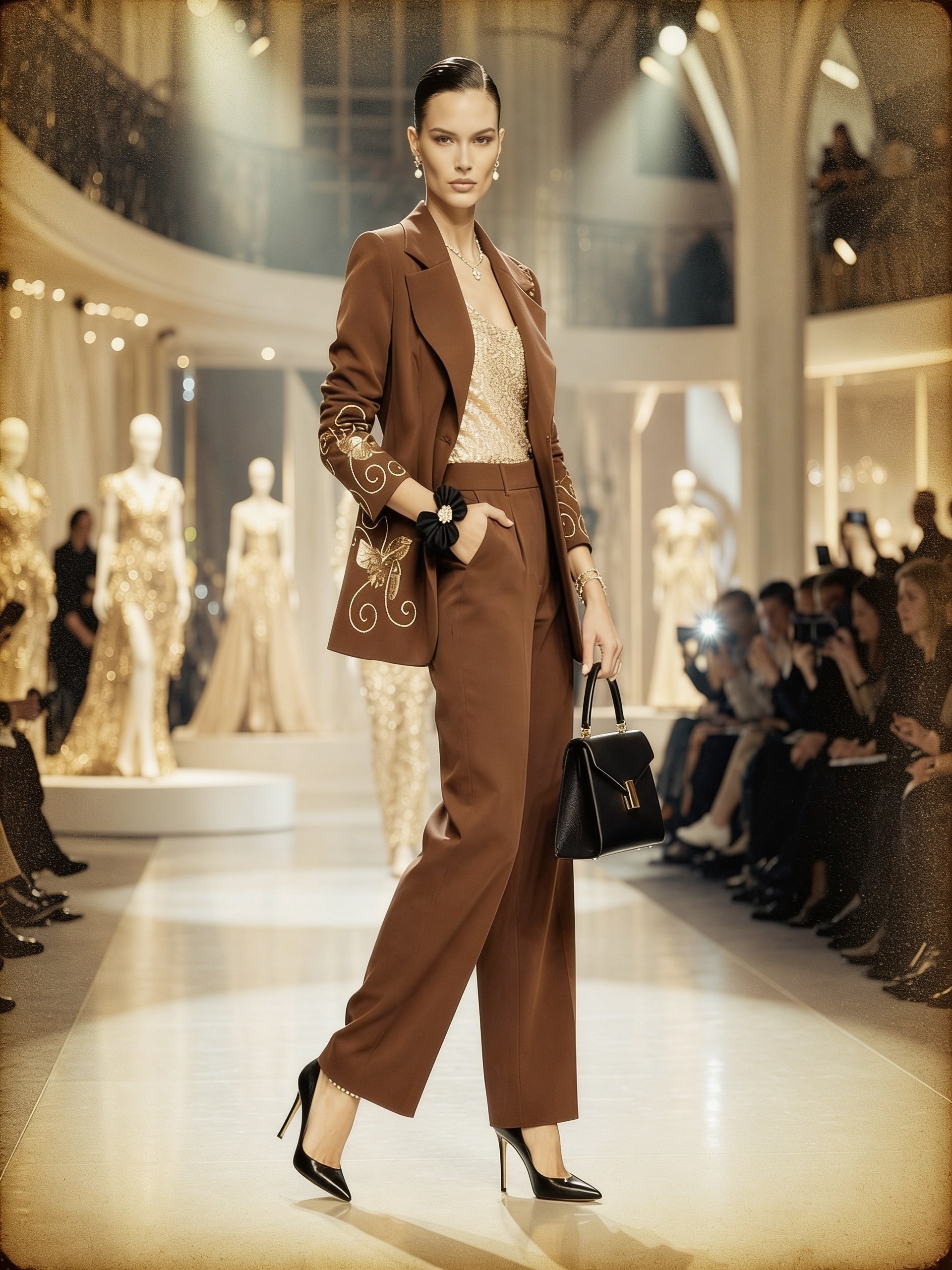 Tailleur 2 pièces blazer brodé arabesques dorées pantalon droit - Camel