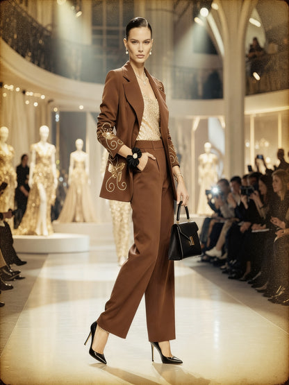Tailleur 2 pièces blazer brodé arabesques dorées pantalon droit - Camel