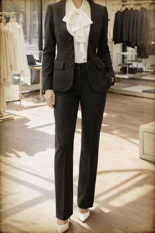 Tailleur 2 pièces blazer ajusté col sans revers boutons noirs pantalon slim - vue 1