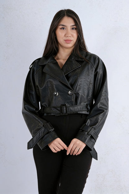 Veste Courte Cuir Synthétique Double Boutonnage Col Revers Ceinture