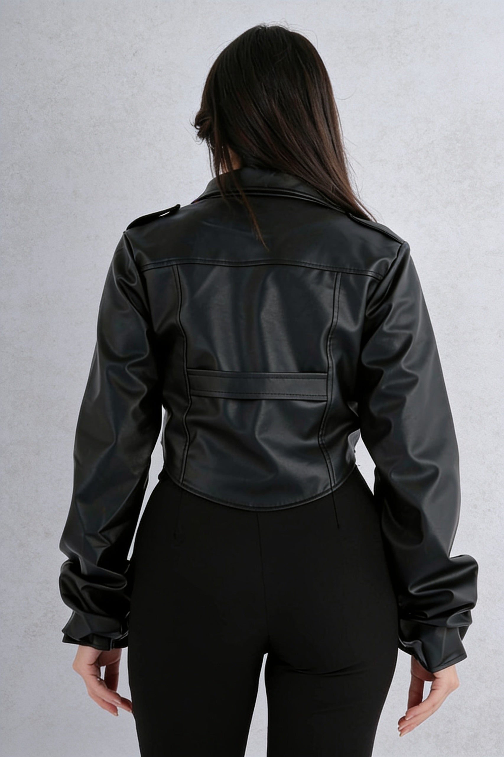 Veste corset cuir synthétique col polo zip doré coutures corset - Noir vue dos