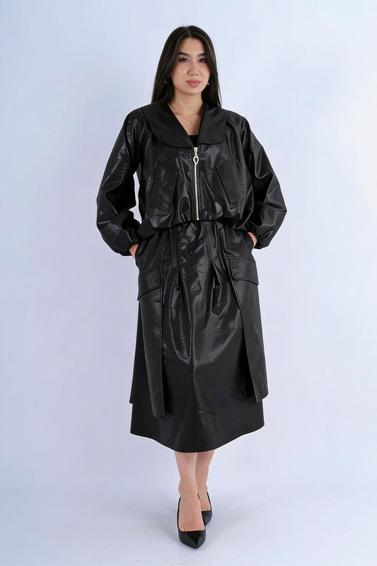 Ensemble 2 Pièces Trench-Coat Cuir Synthétique Oversize Zip et Jupe Midi Cargo Poches