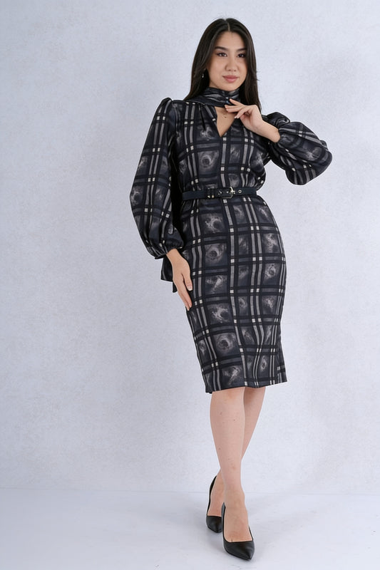 Robe Midi Crayon Col V Foulard Manches Bouffantes Imprimé Carreaux Ceinture
