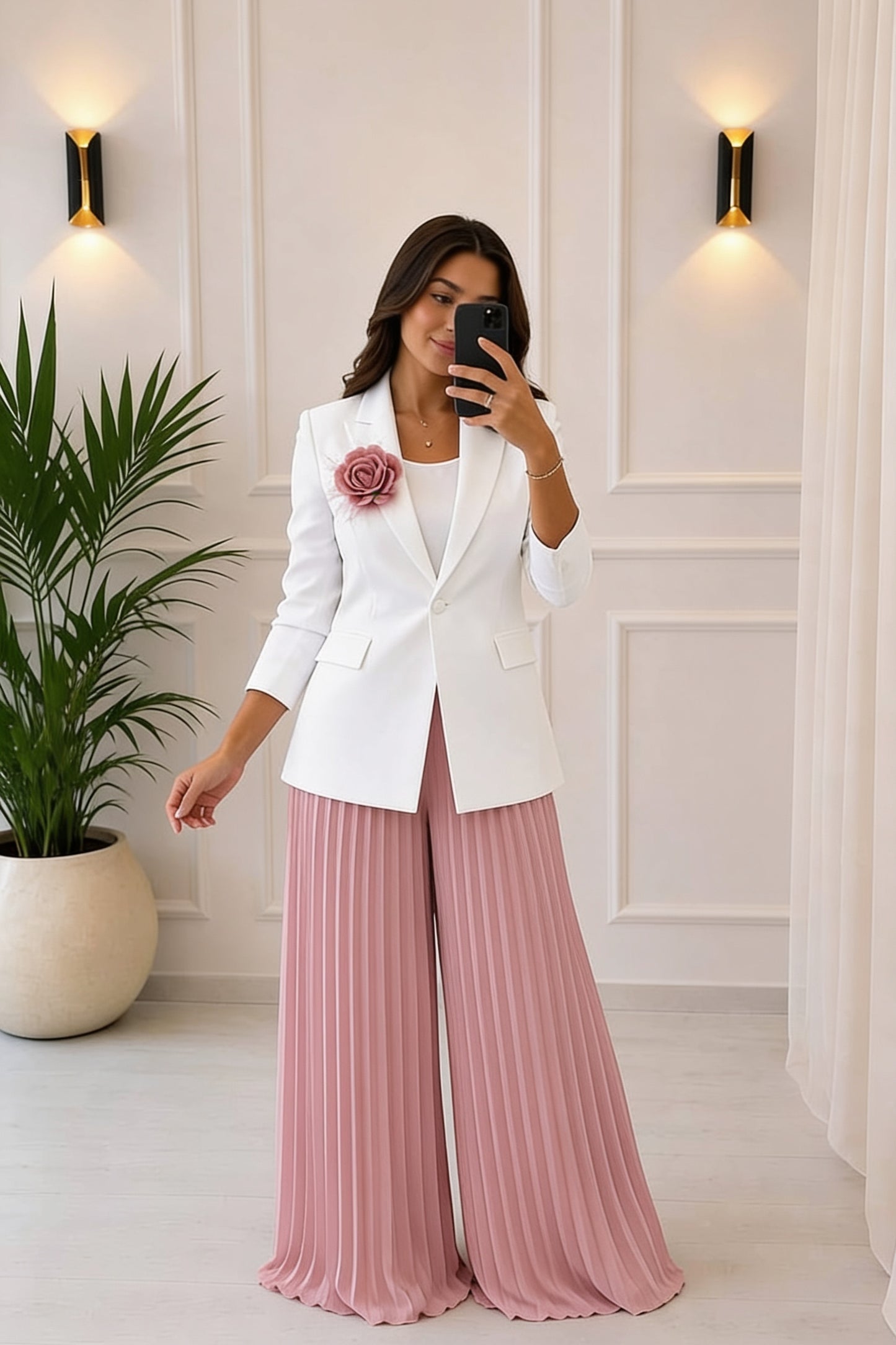 Ensemble Blazer Col Revers & Pantalon Large Plissé Broche Florale