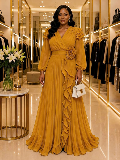 Robe Longue Col V Plissée Volants - Moutarde