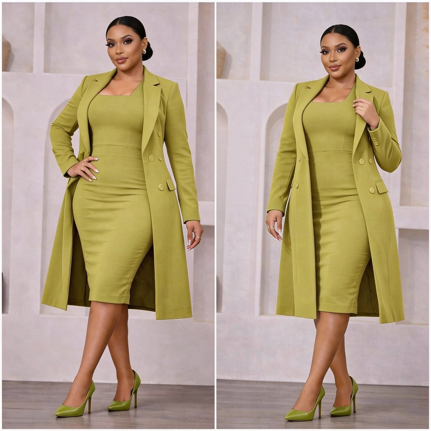 Ensemble Blazer Long Double Boutonnage Col Revers & Robe Fourreau Mi-Longue
