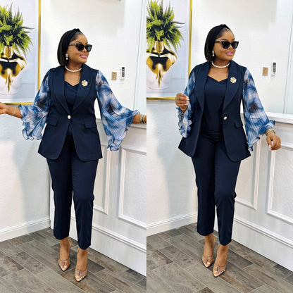 Ensemble 3 Pièces Veste Manches Organza & Pantalon